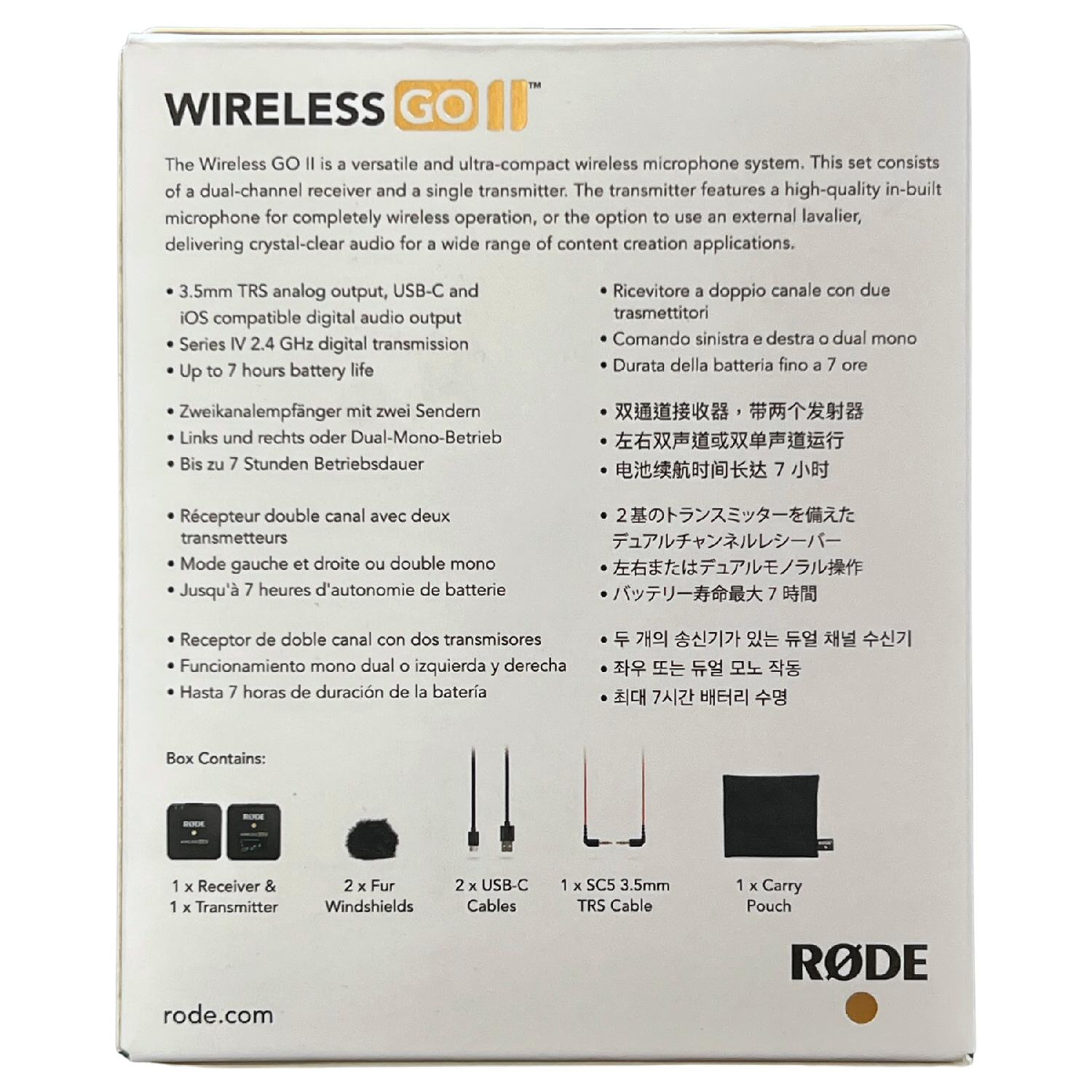 Rode GO II Dual Channel Wireless Microphone System, Series IV 2.4GHz  Digital Transmission, 128-bit Encryption, 3.5mm TRS Analog Output, USB-C  and iOS