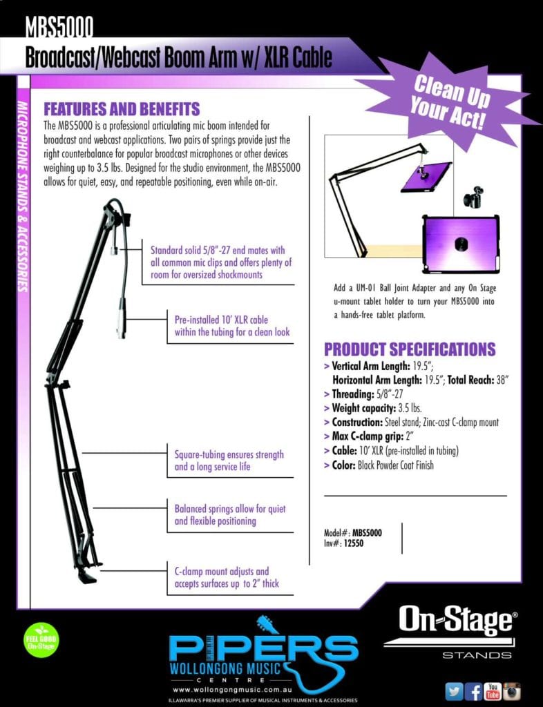 On Stage MBS5000 Broadcast Boom Arm PIPERS Wollongong Music Centre