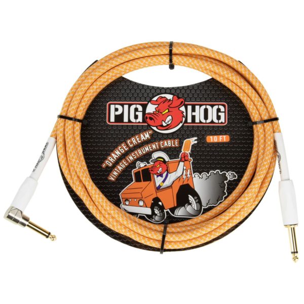 Pig Hog Vintage Series Right Angle 10ft Woven Instrument Cable Orange Creme