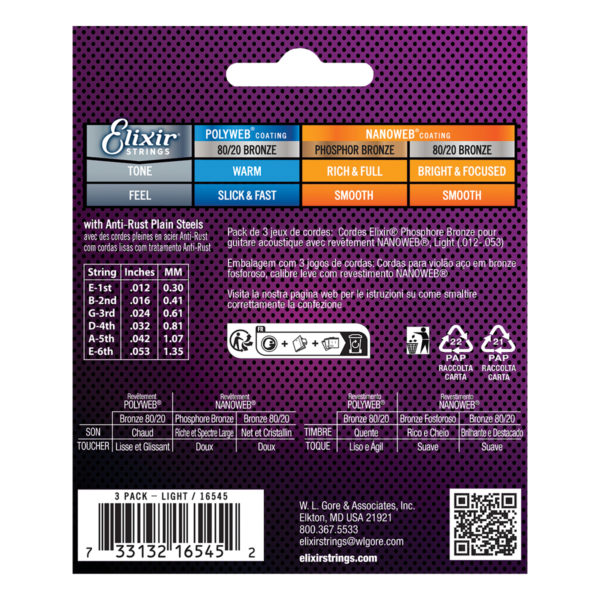 Elixir Nanoweb Phosphor Bronze Acoustic Guitar Strings 3-Pack
